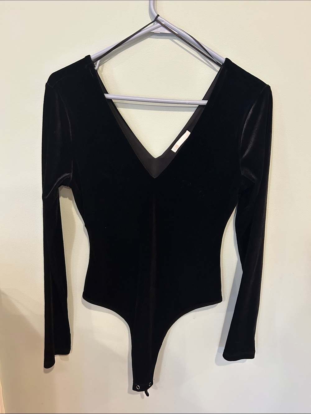 Deep Plunge Black Velvet V-Neck Long Sleeve Bodysuit, est. Large